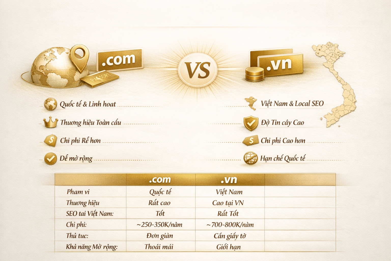 Bảng so sánh chi tiết tên miền .com và .vn