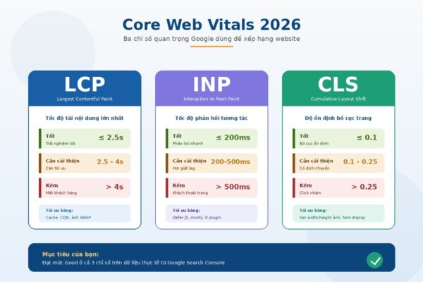 Ba chỉ số Core Web Vitals (LCP, INP, CLS) mà Google dùng để xếp hạng website