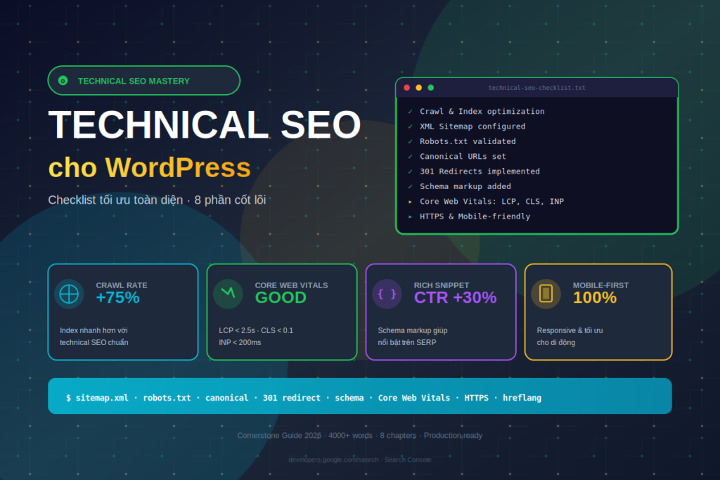 Technical SEO WordPress checklist tối ưu crawl index sitemap robots canonical schema Core Web Vitals