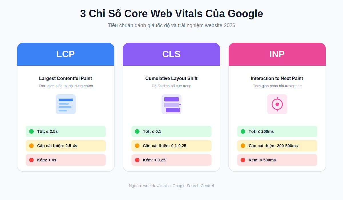 Ba chỉ số Core Web Vitals LCP CLS INP của Google đánh giá website tải chậm