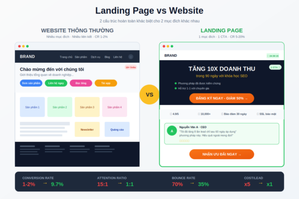 So sánh landing page và website thông thường về cấu trúc và tỷ lệ chuyển đổi