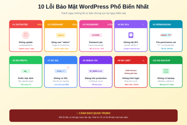10 lỗi bảo mật WordPress phổ biến nhất cần tránh