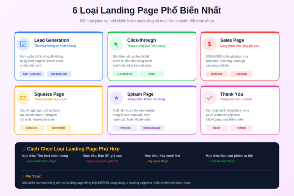 6 loại landing page phổ biến nhất: lead generation click-through sales squeeze splash thank you