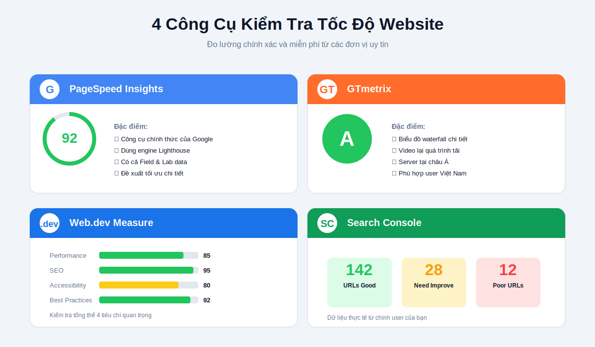 4 công cụ kiểm tra website tải chậm PageSpeed Insights GTmetrix web.dev Search Console