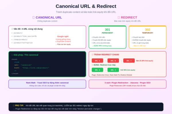 Canonical URL chống duplicate content và 301 redirect bảo toàn link equity WordPress