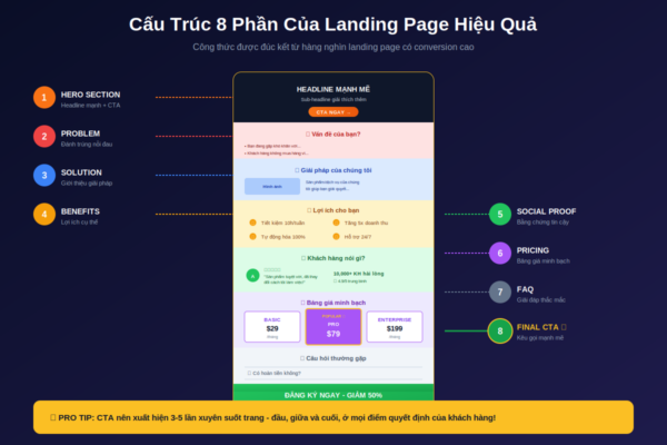 Cấu trúc landing page hiệu quả 8 phần từ hero đến final CTA tăng chuyển đổi