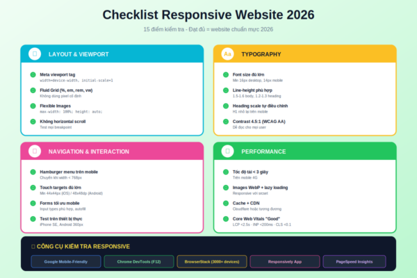 Checklist 15 điểm responsive website chuẩn 2026 viewport