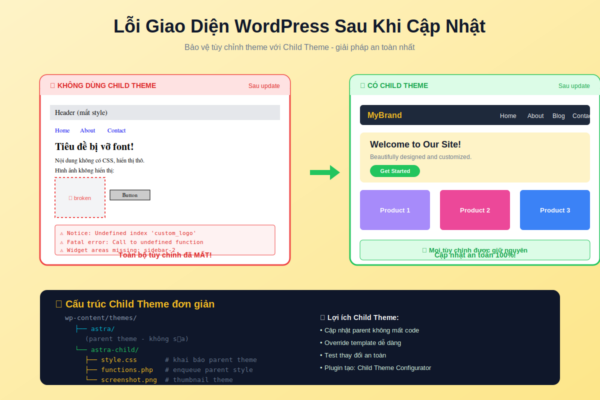 Sửa lỗi giao diện WordPress với child theme bảo vệ tùy chỉnh