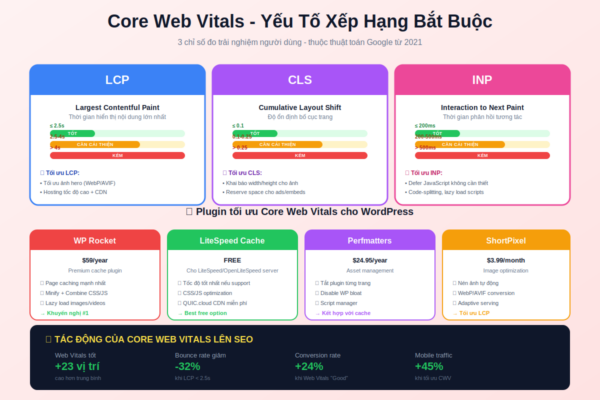 Core Web Vitals LCP CLS INP yếu tố xếp hạng Google plugin tối ưu WordPress