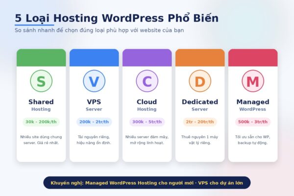 Các loại hosting WordPress phổ biến: Shared, VPS, Cloud, Dedicated, Managed