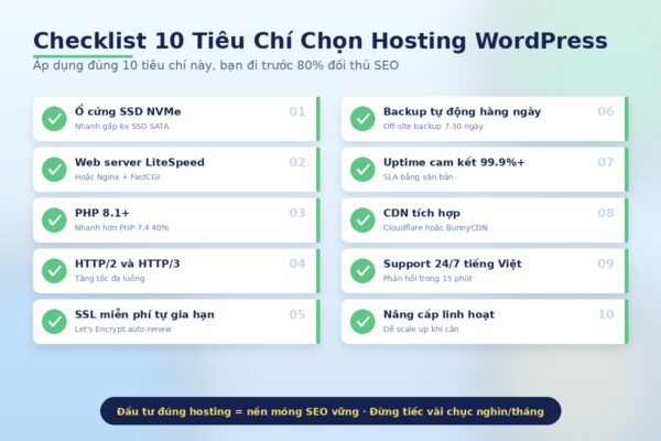 Checklist 10 tiêu chí chọn hosting WordPress chuẩn SEO