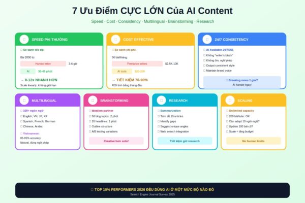 7 ưu điểm AI content SEO tốc độ chi phí đa ngôn ngữ