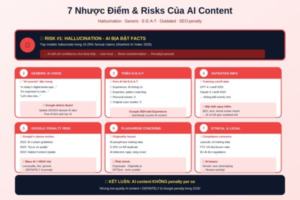 nhược điểm AI content bịa đặt giọng chung chung E-E-A-T