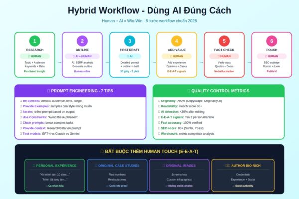 quy trình lai AI con người content SEO 6 bước